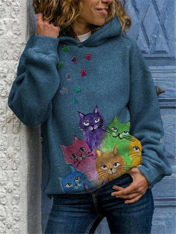 Multi-color Cat Print Long Sleeve Casual Hoodie For Women