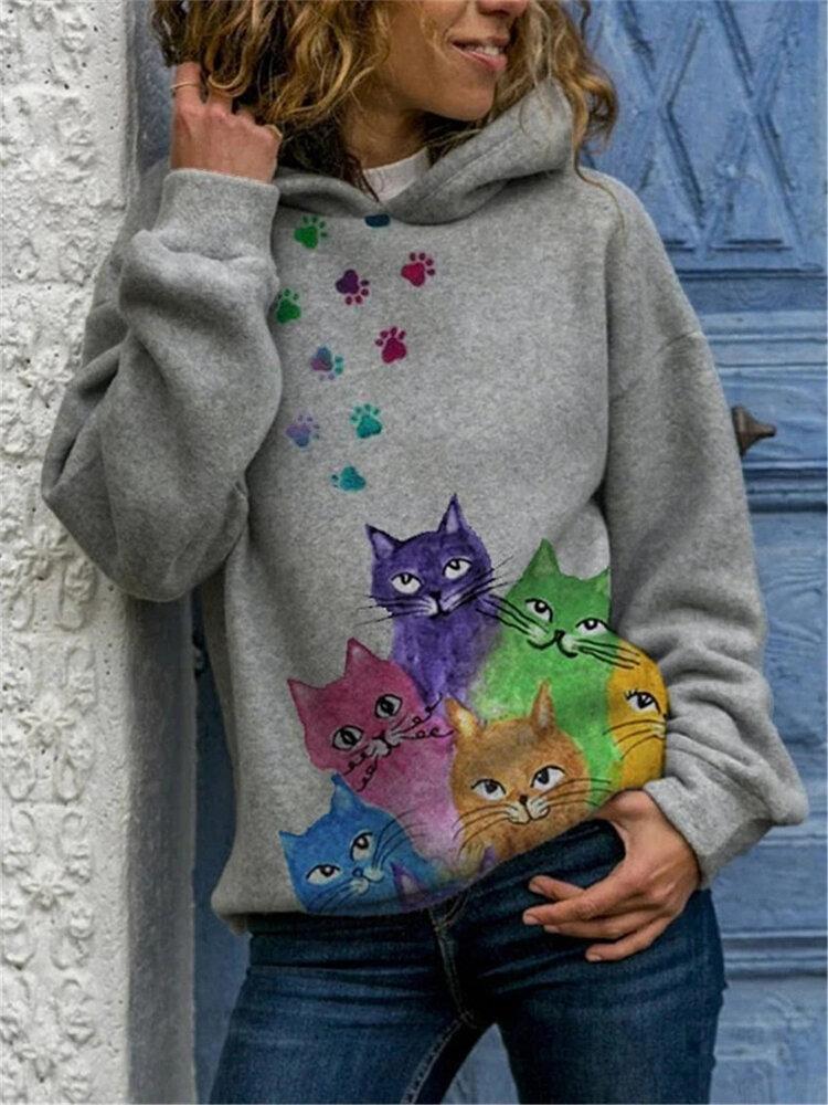 Multi-color Cat Print Long Sleeve Casual Hoodie For Women