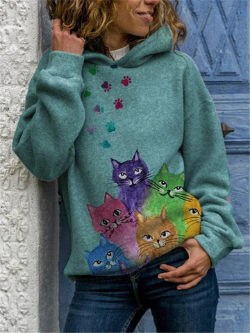 Multi-color Cat Print Long Sleeve Casual Hoodie For Women