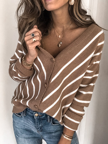 Long Sleeve Striped Buttoned Knitted Cardigans For Lady