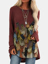 Cartoon Cat Print O-neck Long T-shirt For Women