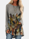 Cartoon Cat Print O-neck Long T-shirt For Women