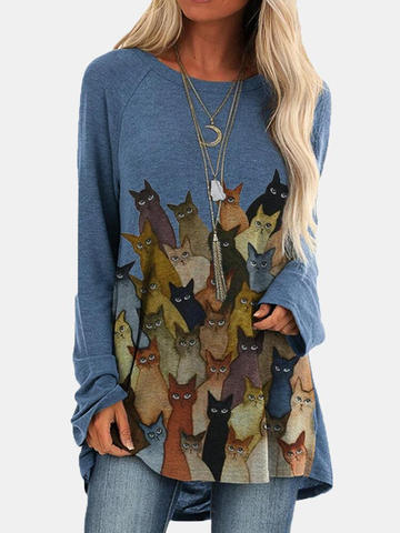 Cartoon Cat Print O-neck Long T-shirt For Women