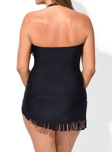 Black Fringe Ruched Bandeau Tankini With Skirt