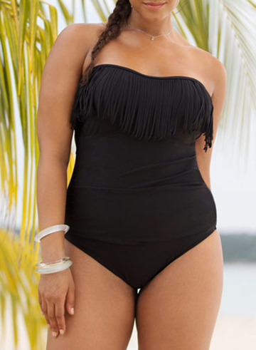 Black Fringe Bandeau One Piece Swimsuit