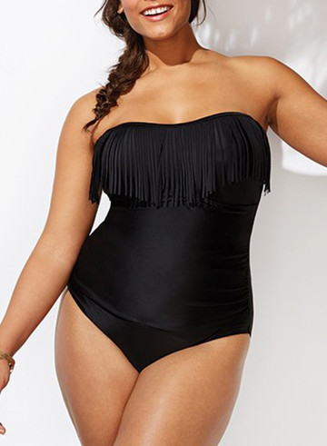 Black Fringe Bandeau One Piece Swimsuit