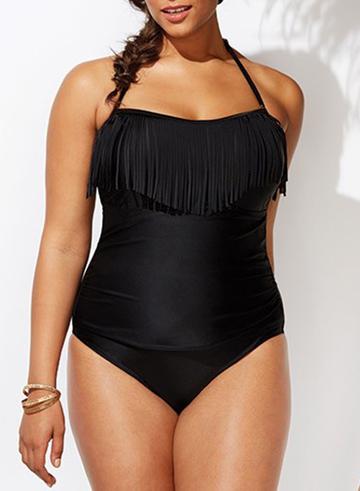 Black Fringe Bandeau One Piece Swimsuit