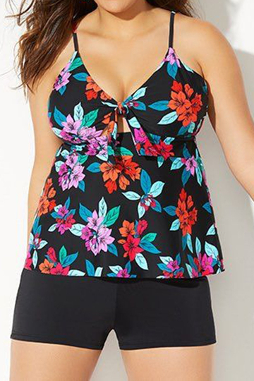 CAMELLIA CUT OUT TIE FRONT TANKINI WITH BOY SHORT