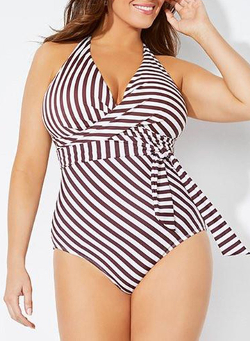 Runway Faux Wrap Halter One Piece Swimsuit