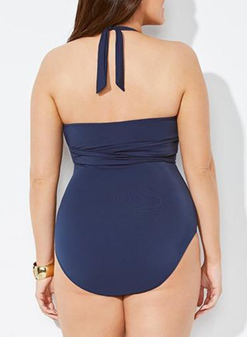 MIDNIGHT FAUX WRAP HALTER ONE PIECE SWIMSUIT