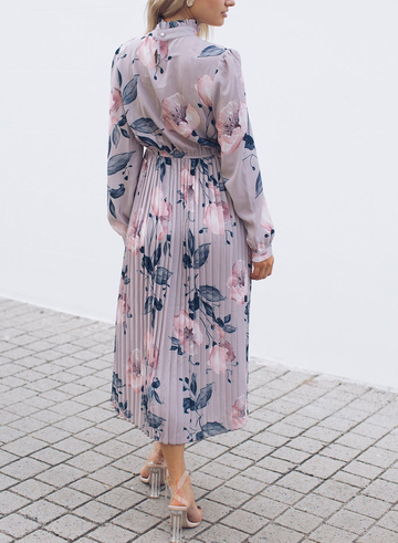 Lilac Floral Print High Frill Neckline Pleated Dress