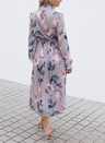 Lilac Floral Print High Frill Neckline Pleated Dress