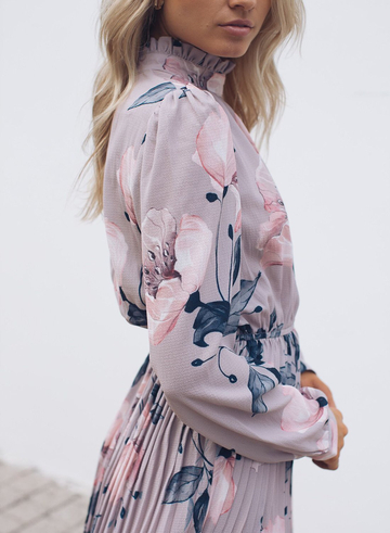 Lilac Floral Print High Frill Neckline Pleated Dress