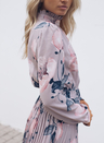 Lilac Floral Print High Frill Neckline Pleated Dress