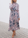 Lilac Floral Print High Frill Neckline Pleated Dress