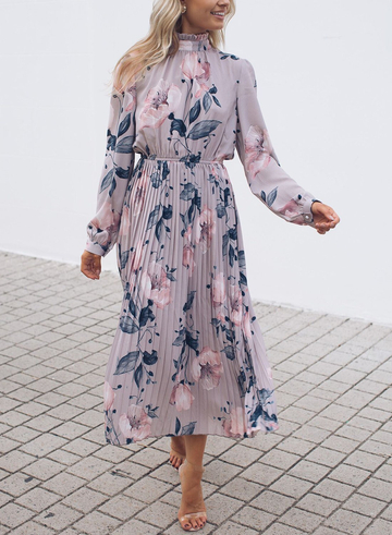 Lilac Floral Print High Frill Neckline Pleated Dress