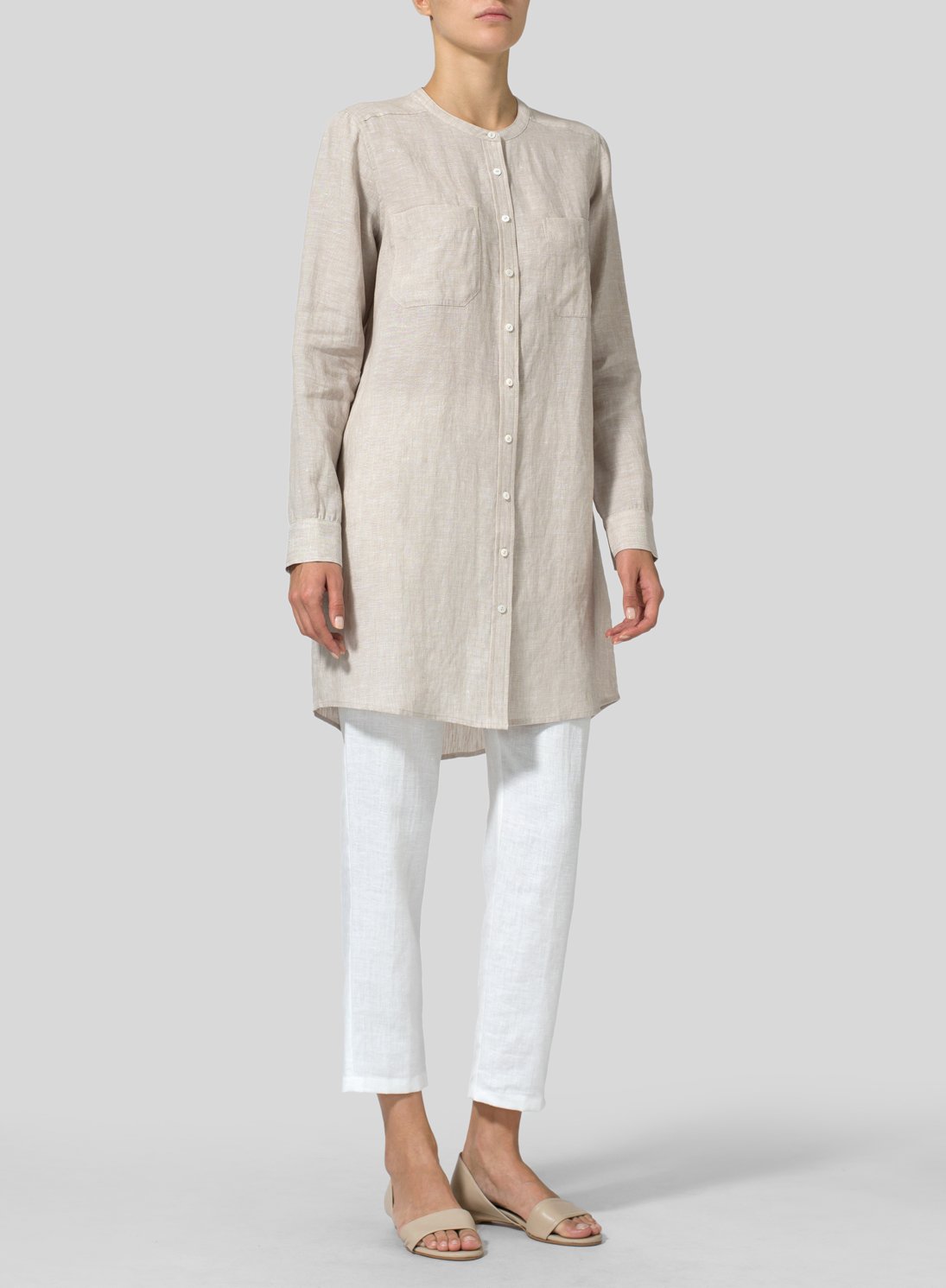 Vintage Cotton And Linen Round Neck Button Shirt Long Sleeve