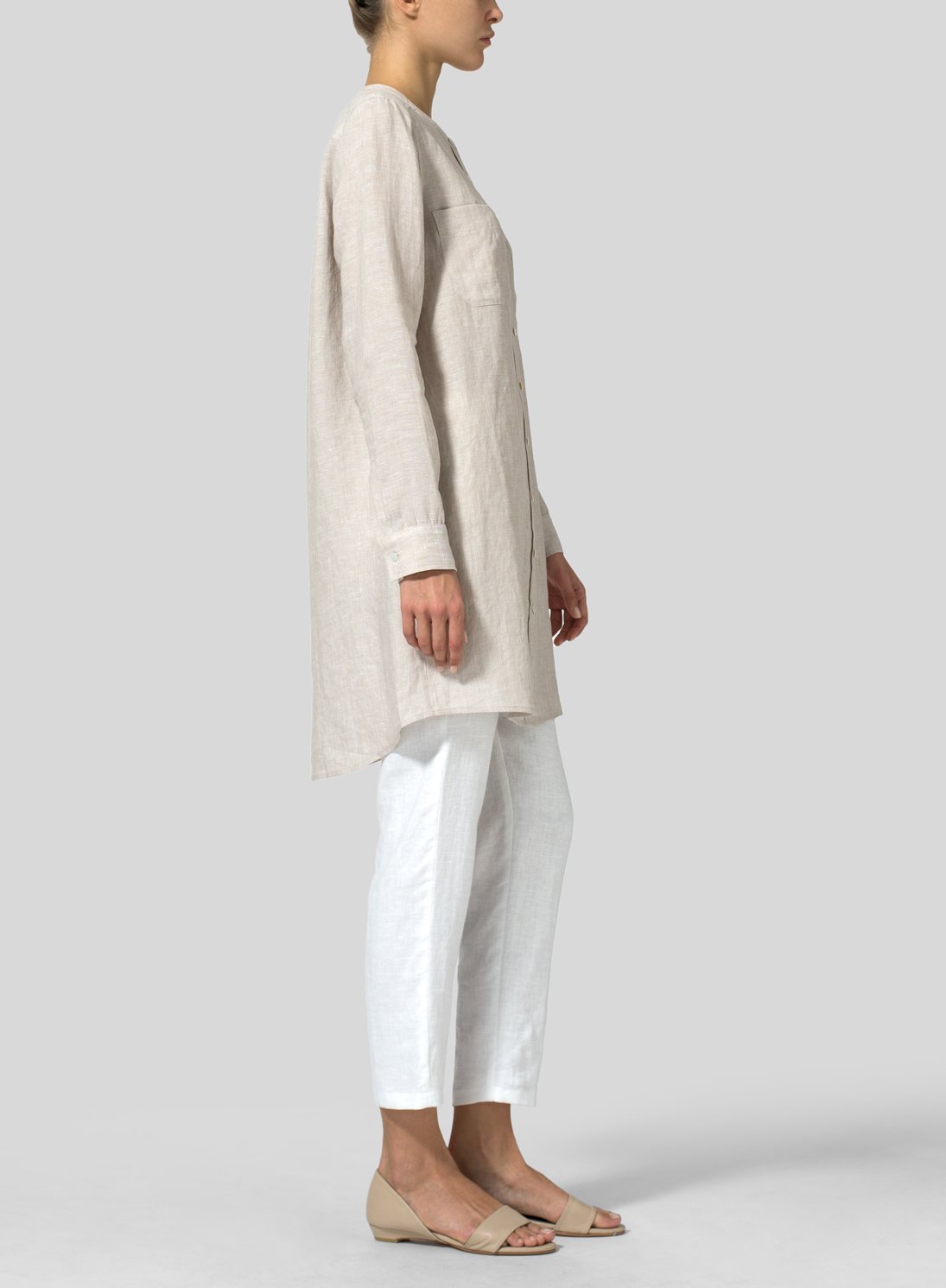 Vintage Cotton And Linen Round Neck Button Shirt Long Sleeve