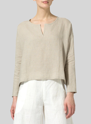 Summer Linen V-Neck Short Hem Long-Sleeved Top