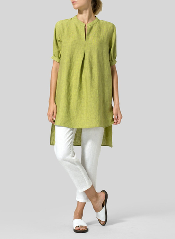 Summer Linen Round Neck Solid Color Long Back Top