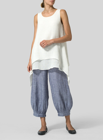 Summer Linen Crepe Gauze Sleeveless Layered Top