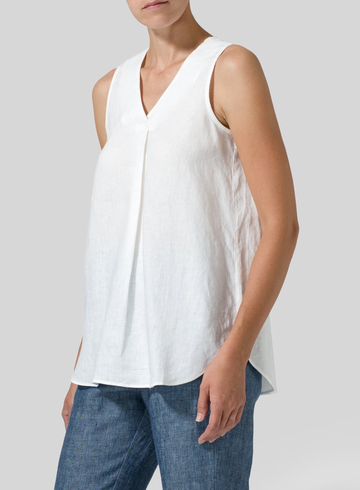 V-neck Linen Pleated Sleeveless Top