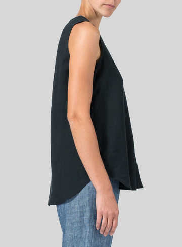 V-neck Linen Pleated Sleeveless Top