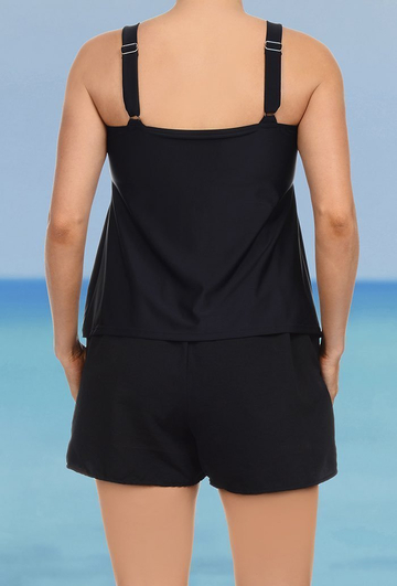 Black Flared Tankini Set With Cargo Short